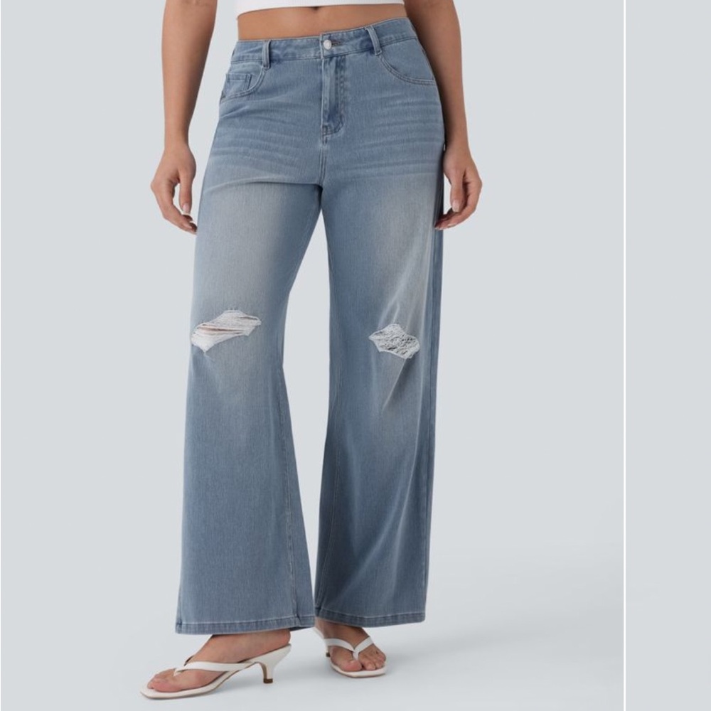 HALARA Women's Wide Leg Distressed Jeans in Medium Wash
